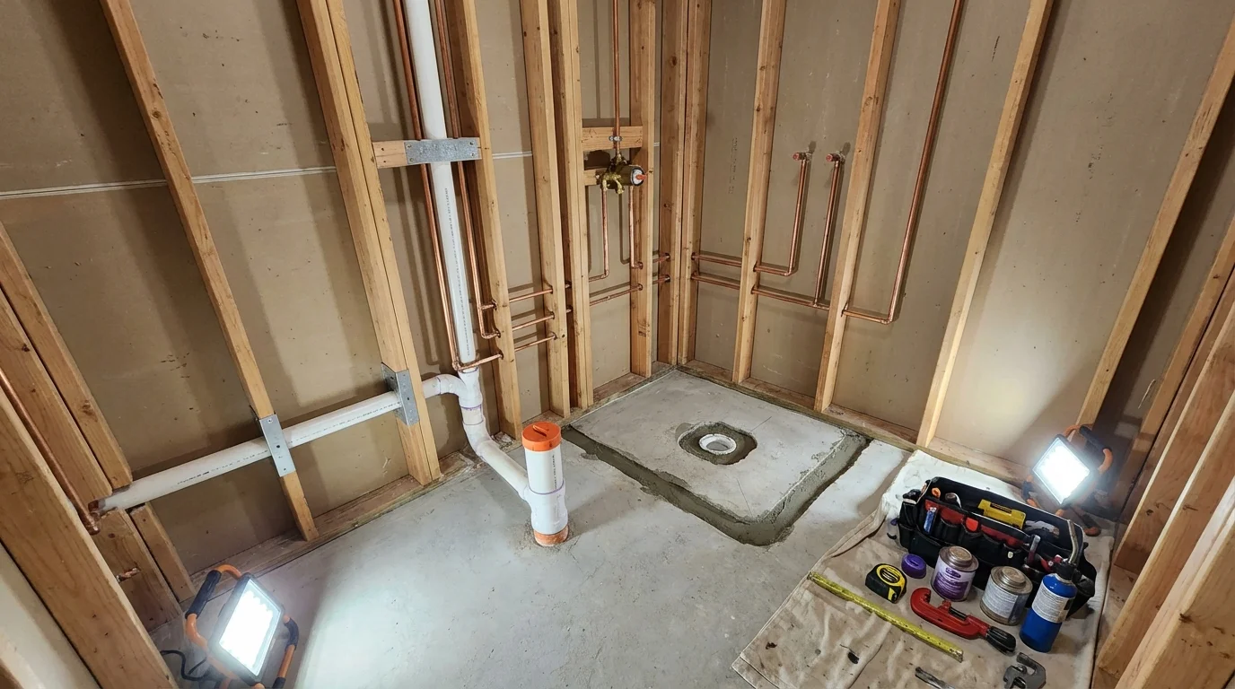 Bathroom rough-in plumbing during remodel by Johns Plumbing LLC in Castlewood