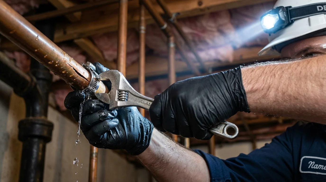 Emergency pipe clamp repair being performed by a Johns Plumbing LLC plumber in Castlewood