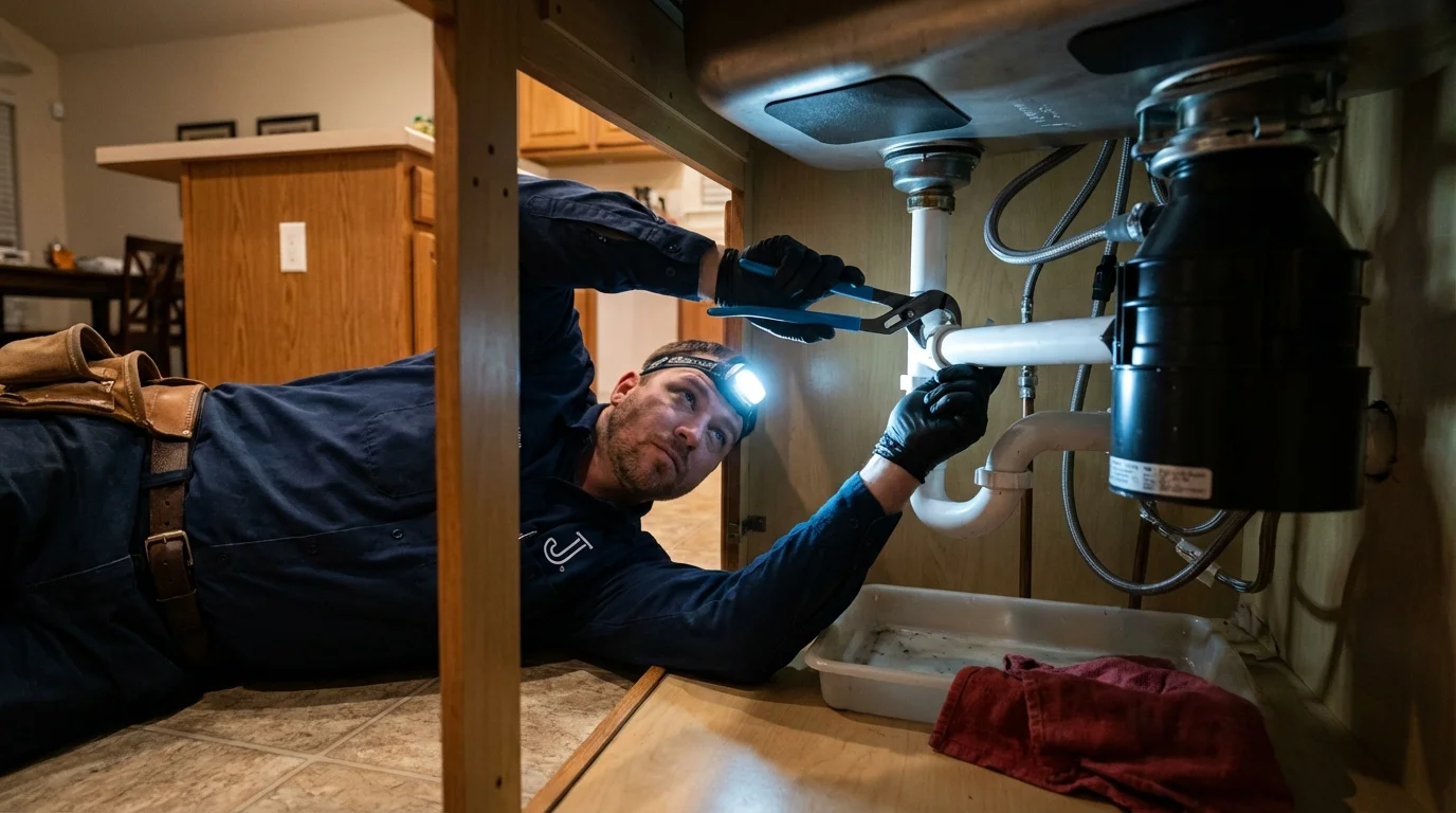 P-trap and supply line connections under a kitchen sink showing a common leak point in Castlewood, VA